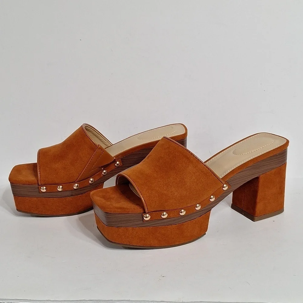 Comfort Est.1946 NEW Faux Suede Bohemian 70's Platform Studded Slip On Heels 8.5